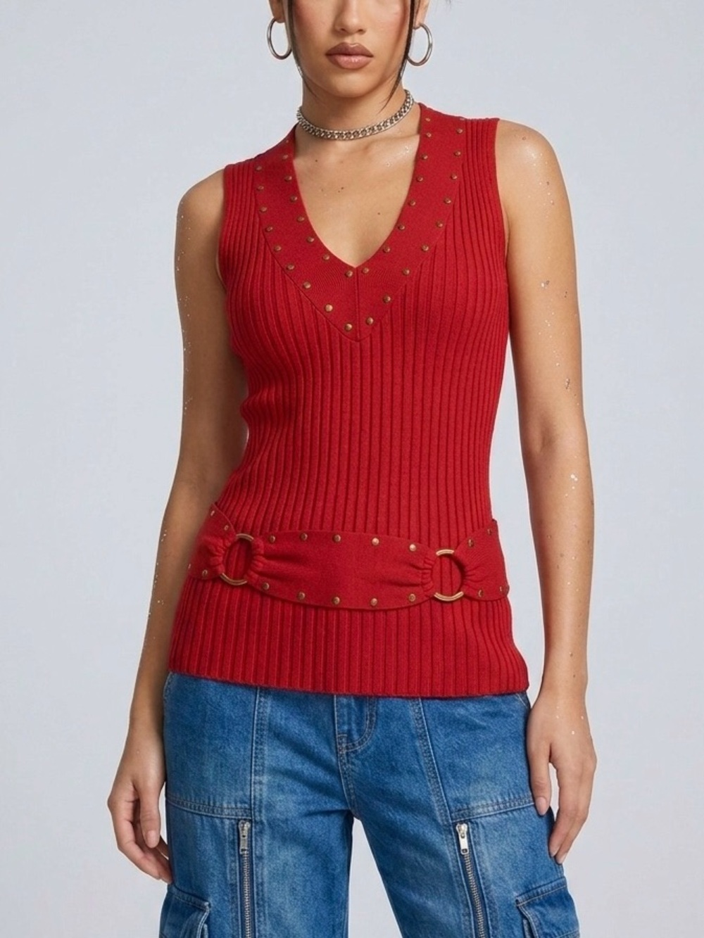 Tracy M Vintage Y2K Red Ribbed Studded Belted V-Neck Tank Top Sleeveless - Large
